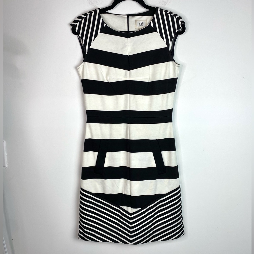 Eci Black white stripe dress cap sleeve fitted midi Size 2